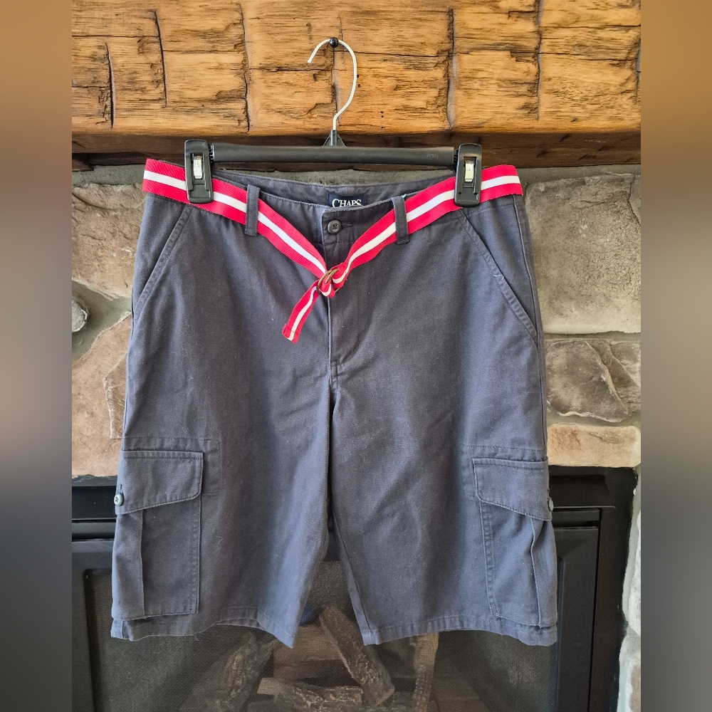 Chaps Size 18 Blue Cargo Shorts w/Striped Red & White Belt